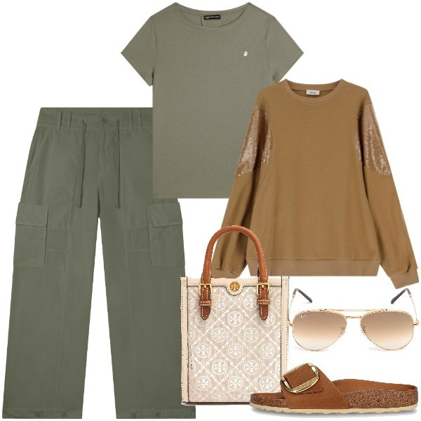 Outfit donna - Cargo must have di primavera. Stile Casual chic per Tutti i giorni. Abbinamento con t-shirt, pantaloni cargo, felpe, shopping bag, sandali in pelle, occhiali da sole.