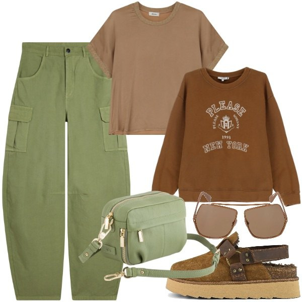 Outfit donna - Cargo must have. Stile Casual chic per Tutti i giorni. Abbinamento con t-shirt, felpe, pantaloni cargo, sabot, occhiali da sole, borse a tracolla.