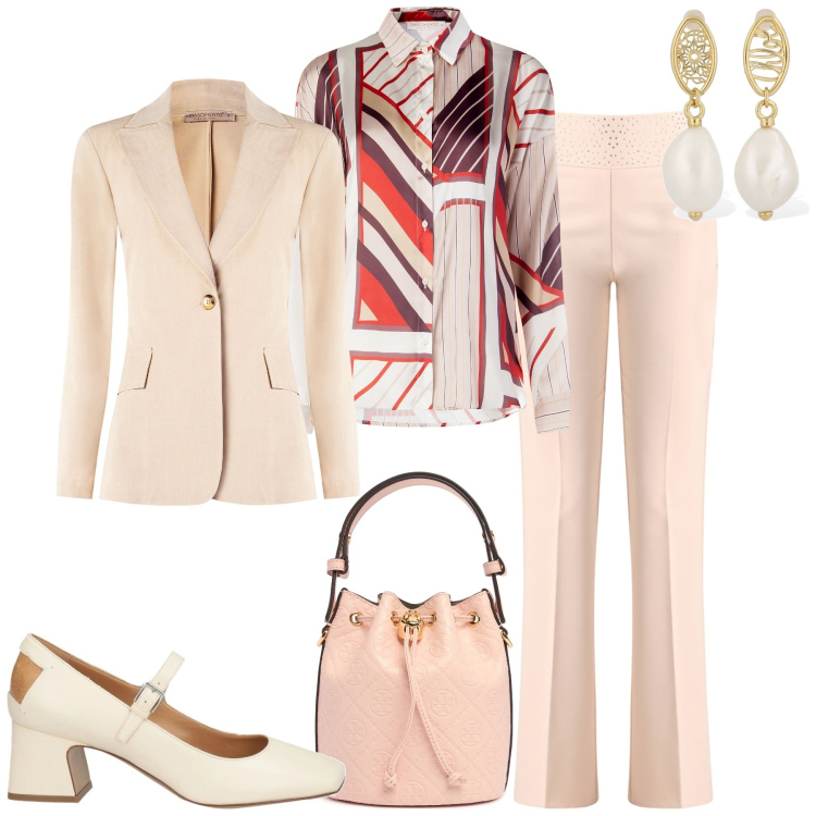 Outfit donna - Chic giorno. Stile Chic per Tutti i giorni. Abbinamento con décolleté, blazer, camicie, pantaloni, orecchini, borse a secchiello.