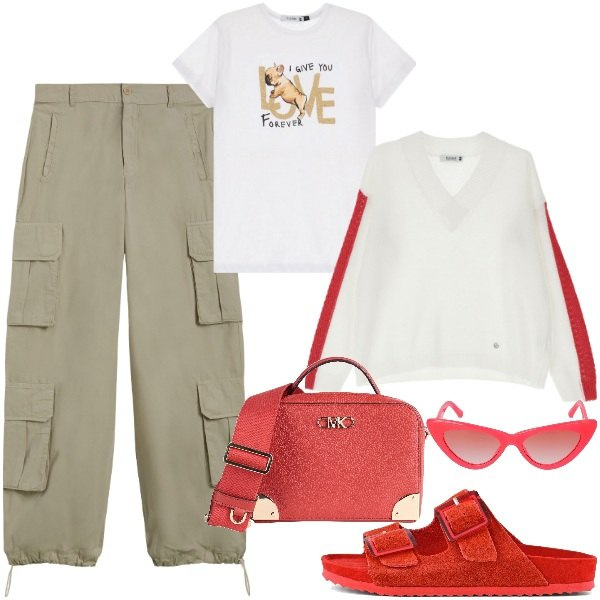 Outfit donna - Cargo must have. Stile Casual chic per Tutti i giorni. Abbinamento con borse a tracolla, pantaloni cargo, t-shirt, pullovers, sandali, occhiali da sole.