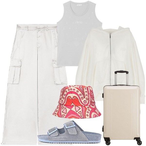 Outfit donna - Un trolley e via. Stile Trendy per Tutti i giorni. Abbinamento con felpe con cappuccio, canottiere, pantaloni cargo, sandali, cappelli, valigie.
