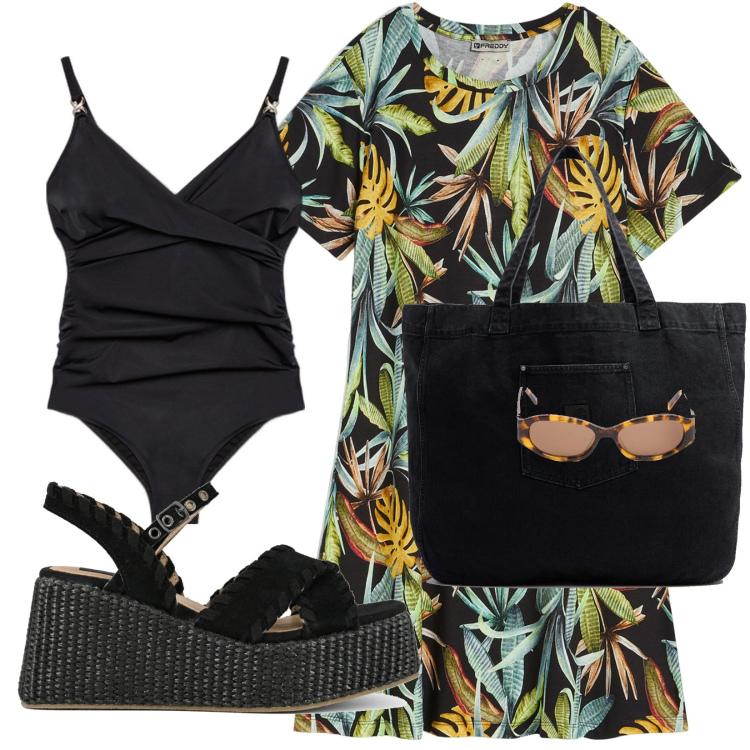 Outfit donna - Curvy mare. Stile Casual per Mare. Abbinamento con vestiti, zeppe, costumi interi, occhiali da sole, shopping bag.
