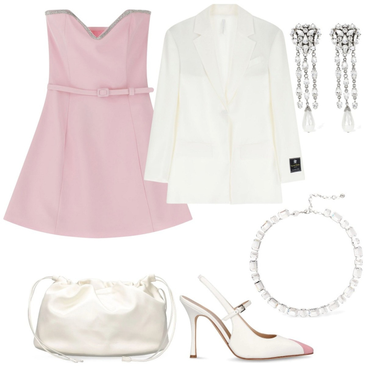 Outfit donna - Total look #2094429. Stile Chic per Cerimonia. Abbinamento con vestiti corti, blazer, décolleté, pochette, orecchini, collane.