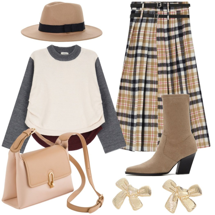 Outfit donna - La gonna scozzese. Stile Casual chic per Tutti i giorni. Abbinamento con stivaletti, cappelli, orecchini, pullovers, gonne lunghe, borse a tracolla.
