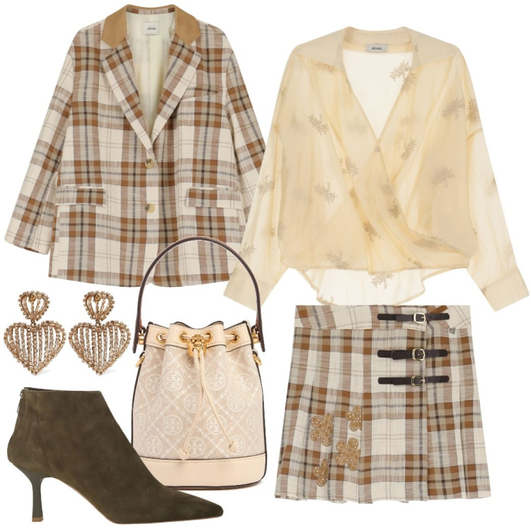 Outfit donna - Tartan per la mezza stagione. Stile Bon Ton per Tutti i giorni. Abbinamento con blazer, minigonne, bluse, stivaletti, borse a mano, orecchini.