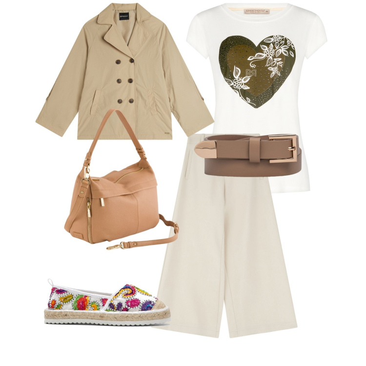 Outfit donna - Le espadrilas colorate. per Tutti i giorni. Abbinamento con espadrillas, t-shirt, pantaloni a palazzo, trench, cinture, borse a tracolla.