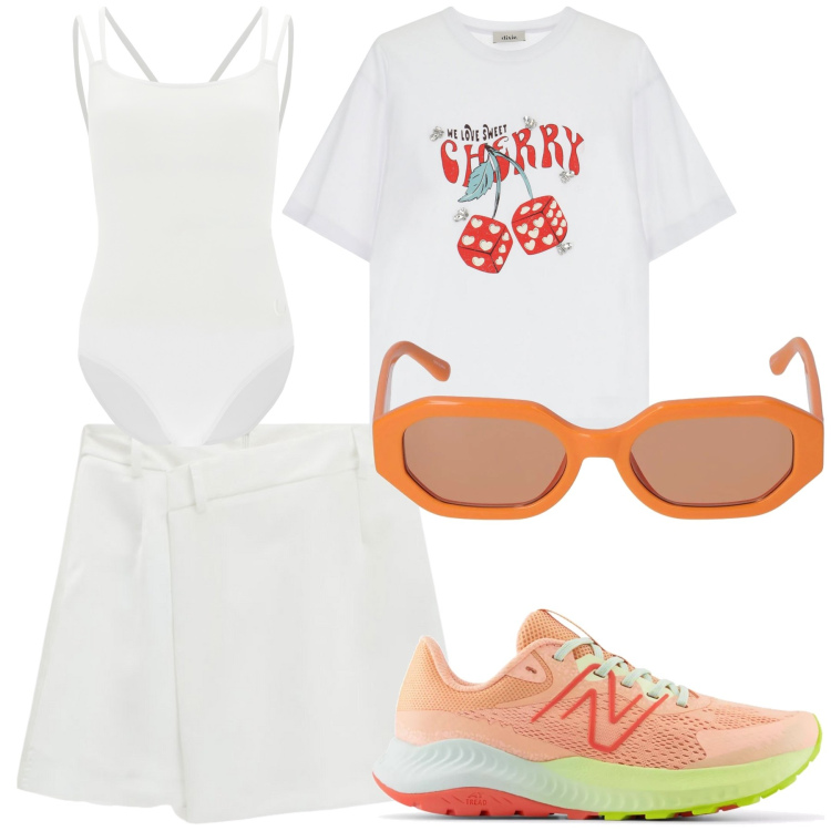 Outfit donna - La primavera è qui. Stile Sporty chic per Tutti i giorni. Abbinamento con sneakers, minigonne, body, t-shirt, occhiali da sole.