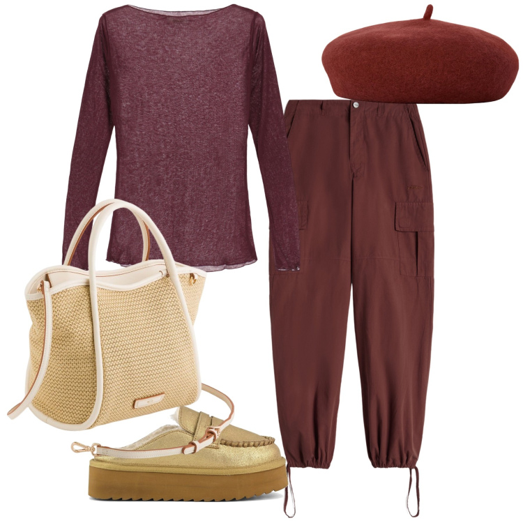 Outfit donna - In giro. Stile Trendy per Tutti i giorni. Abbinamento con maglieria, pantaloni cargo, mocassini, cappelli e berretti, borse a mano.