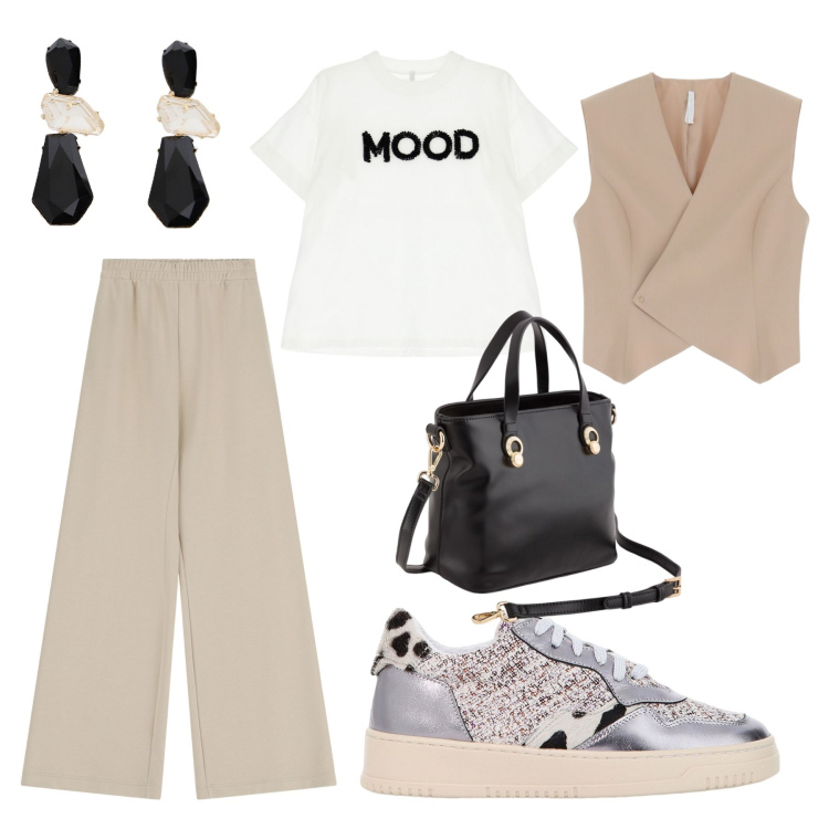 Outfit donna - imperial total look. Stile Casual chic per Ufficio. Abbinamento con pantaloni, gilet, sneakers, t-shirt, orecchini, borse a mano.