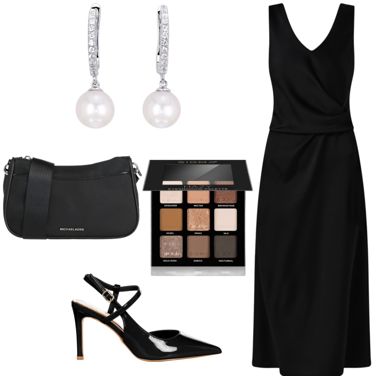 Outfit donna - Serata basica. Stile Chic per Serata fuori. Abbinamento con borse a tracolla, ombretti, orecchini, vestiti midi/longuette, décolleté.
