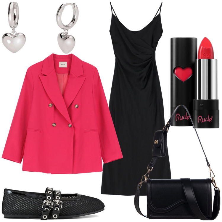 Outfit donna - Un amore di serata. Stile Glamour per Serata fuori. Abbinamento con rossetti, orecchini, pochette, vestiti midi/longuette, blazer, ballerine.
