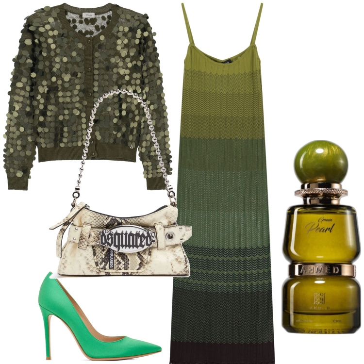 Outfit donna - Green evening. Stile Trendy per Serata fuori. Abbinamento con profumi, vestiti lunghi, cardigans, décolleté, pochette.