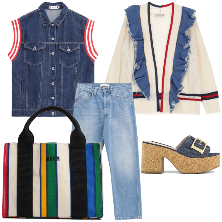 Outfit donna - Please and colors. Stile Trendy per Mare. Abbinamento con gilet, cardigans, jeans, sandali, shopping bag.