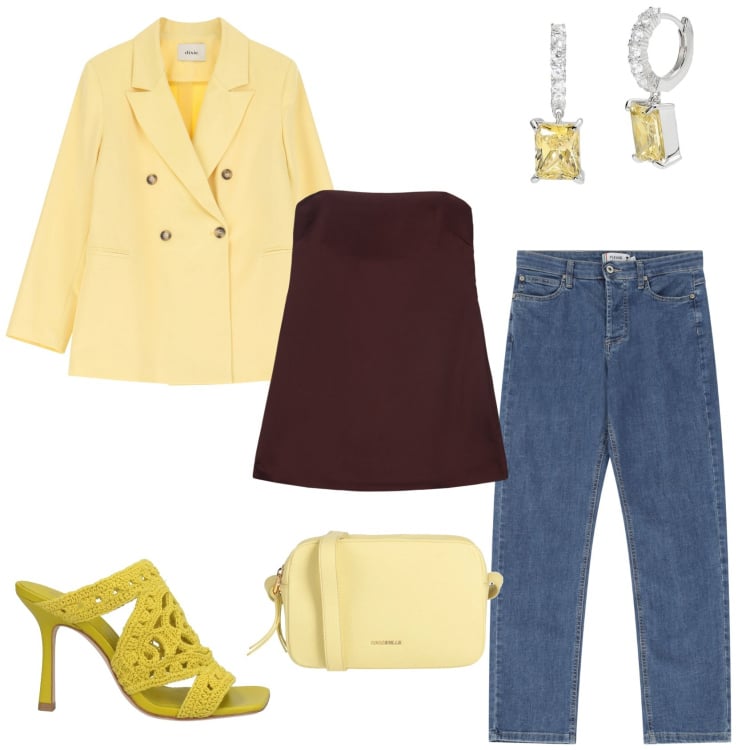 Outfit donna - Giornata di shopping. Stile Casual chic per Tutti i giorni. Abbinamento con sandali in pelle, borse a tracolla, orecchini, jeans dritti, blazer, top.
