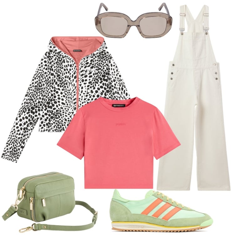 Outfit donna - Giornata in libertà. Stile Casual per Tutti i giorni. Abbinamento con salopette, felpe con cappuccio, t-shirt, sneakers, borse a tracolla, occhiali da sole.