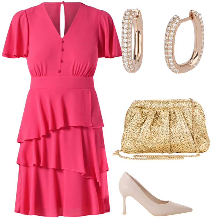 Outfit donna - Ad un compleanno. Stile Bon Ton per Serata fuori. Abbinamento con orecchini, décolleté, vestiti corti, clutch.