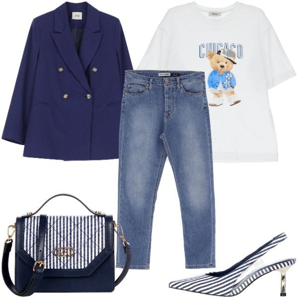 Outfit donna - Primavera in jeans. Stile Casual chic per Ufficio. Abbinamento con jeans, décolleté, borse a mano, blazer, t-shirt.