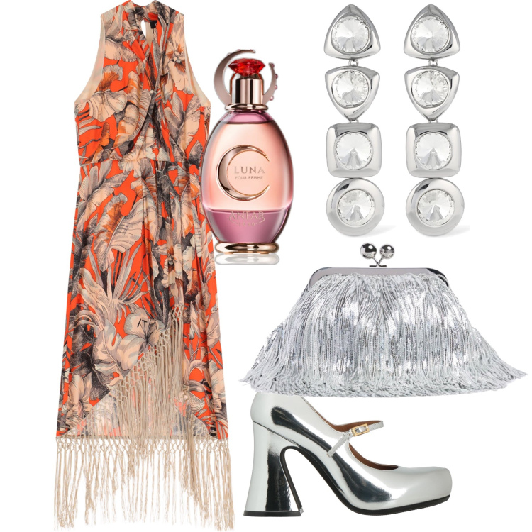 Outfit donna - Charleston. Stile Boho per Serata fuori. Abbinamento con décolleté, profumi, vestiti midi/longuette, orecchini, pochette.