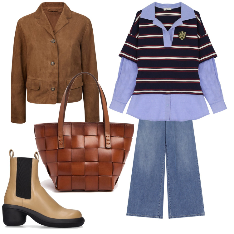 Outfit donna - Total look. Stile Urban per Tutti i giorni. Abbinamento con jeans, t-shirt, blazer, stivaletti, borse a mano.