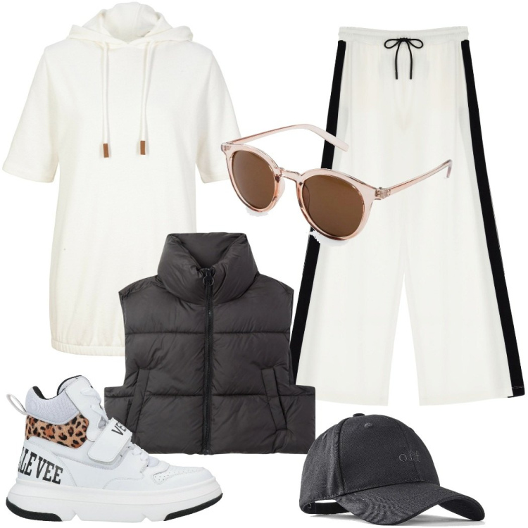 Outfit donna - Bianco e nero. Stile Sporty chic per Tutti i giorni. Abbinamento con occhiali da sole, cappelli con visiera, felpe con cappuccio, sneakers, piumini, pantaloni.
