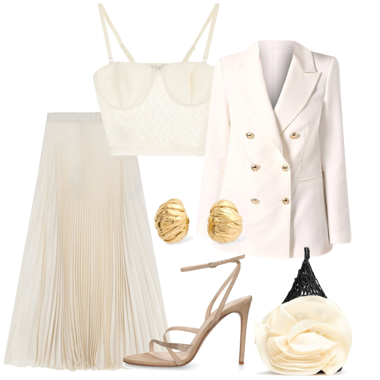 Outfit donna - Nozze in comune. Stile Glamour per Cerimonia. Abbinamento con blazer, gonne lunghe, top, orecchini, borse a mano, sandali in pelle.