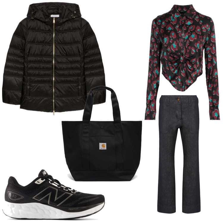 Outfit donna - Body e fiori. Stile Sporty chic per Tutti i giorni. Abbinamento con camicie, sneakers, piumini, pantaloni, borse tote.