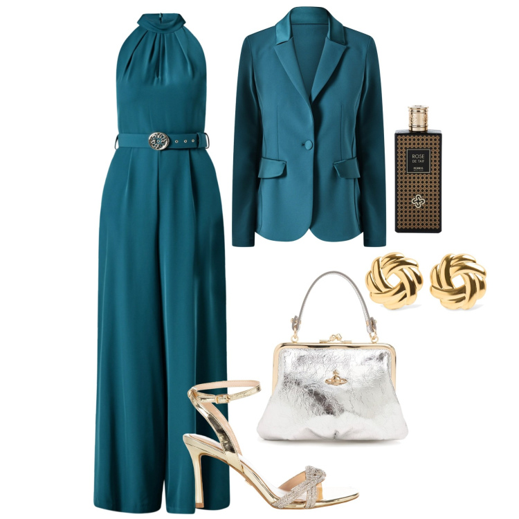 Outfit donna - Cerimonia in tonalità fredde. Stile Glamour per Cerimonia. Abbinamento con profumi, tute, blazer, sandali col tacco, borse a mano, orecchini.