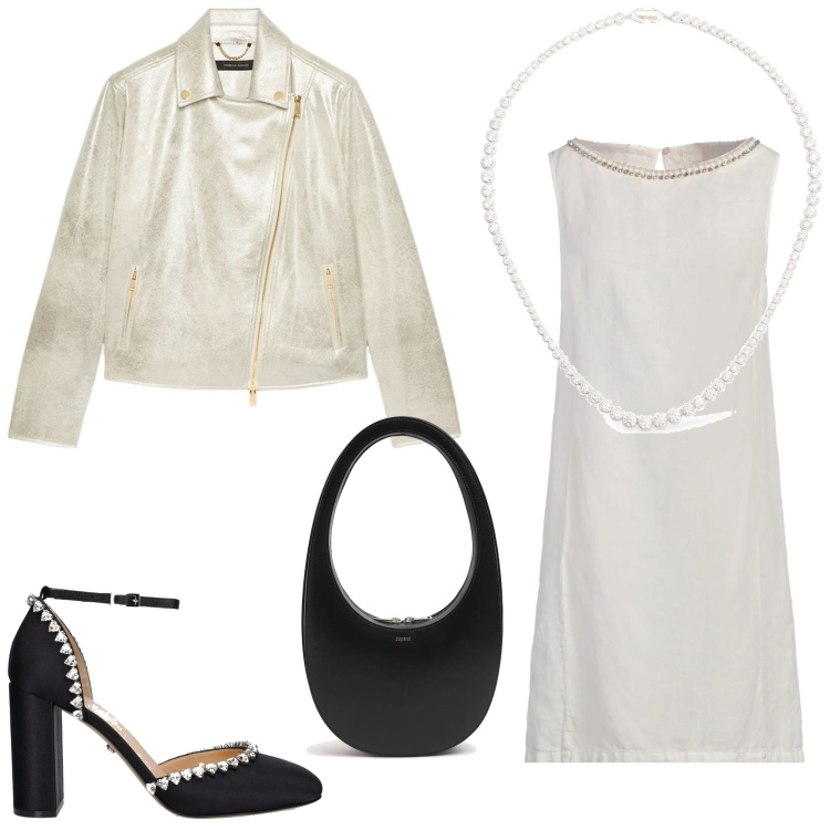 Outfit donna - Bianco e nero. Stile Chic per Serata fuori. Abbinamento con vestiti corti, blazer, collane, borse a spalla, décolleté.