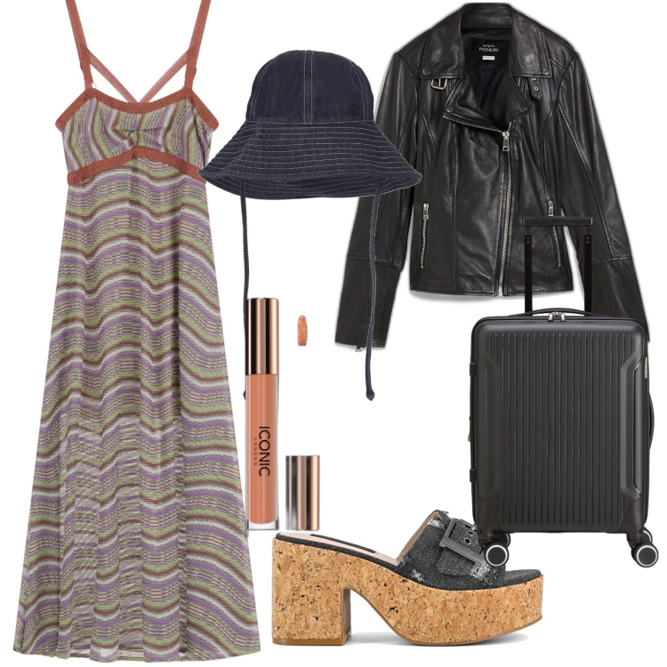 Outfit donna - Verso il caldo. Stile Trendy per Tutti i giorni. Abbinamento con blazer, gloss, vestiti lunghi, sandali, cappelli, valigie.