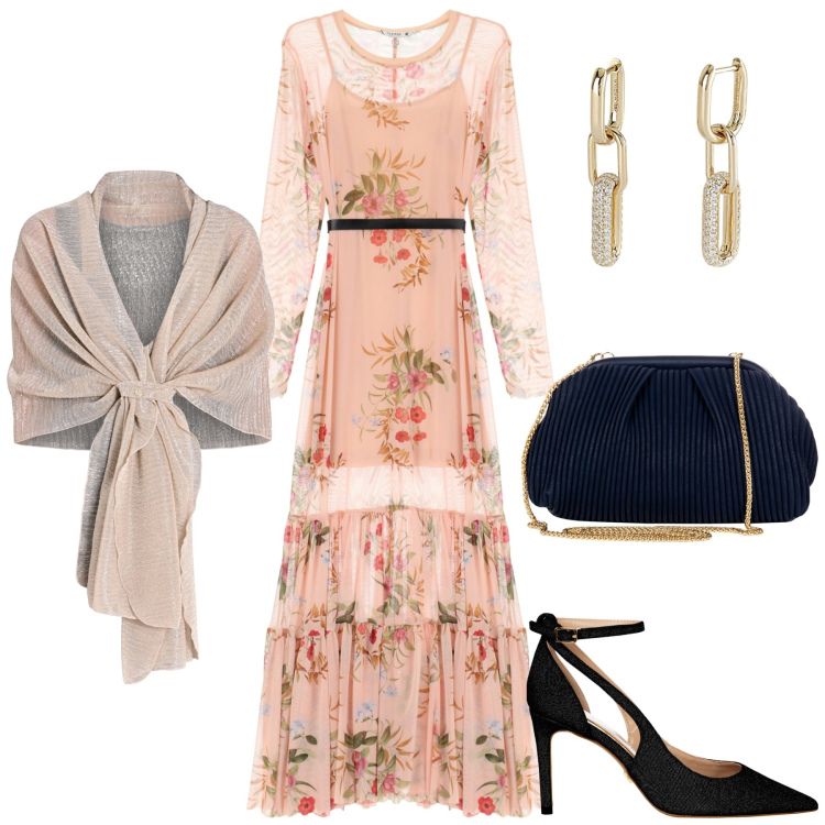 Outfit donna - Total look #2094513. Stile Chic per Cerimonia. Abbinamento con stole, pochette, décolleté, vestiti lunghi, orecchini.