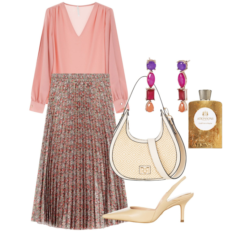 Outfit donna - Cerimonia in giardino. Stile Chic per Cerimonia. Abbinamento con profumi, orecchini, borse a mano, décolleté, camicie, gonne lunghe.