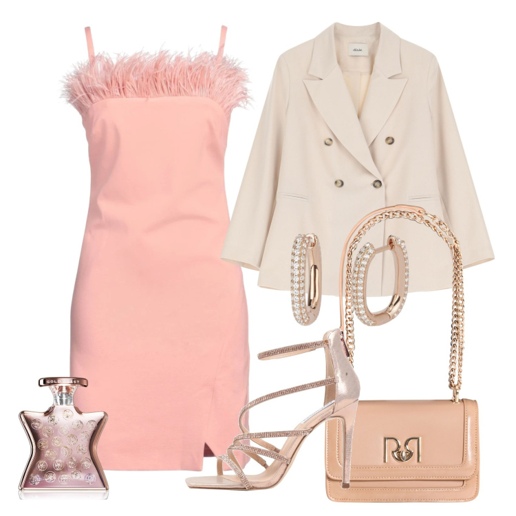 Outfit donna - Damigella pesca. Stile Glamour per Cerimonia. Abbinamento con vestiti corti, sandali col tacco, profumi, orecchini, borse a tracolla, blazer.