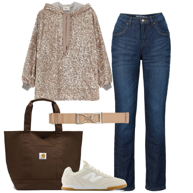 Outfit donna - La felpa di paillettes. Stile Casual chic per Tutti i giorni. Abbinamento con jeans dritti, cinture, sneakers, felpe con cappuccio, borse tote.