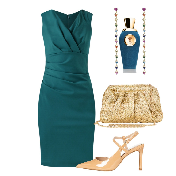 Outfit donna - Damigella ottanio. Stile Glamour per Cerimonia. Abbinamento con profumi, orecchini, vestiti a tubino, décolleté, clutch.