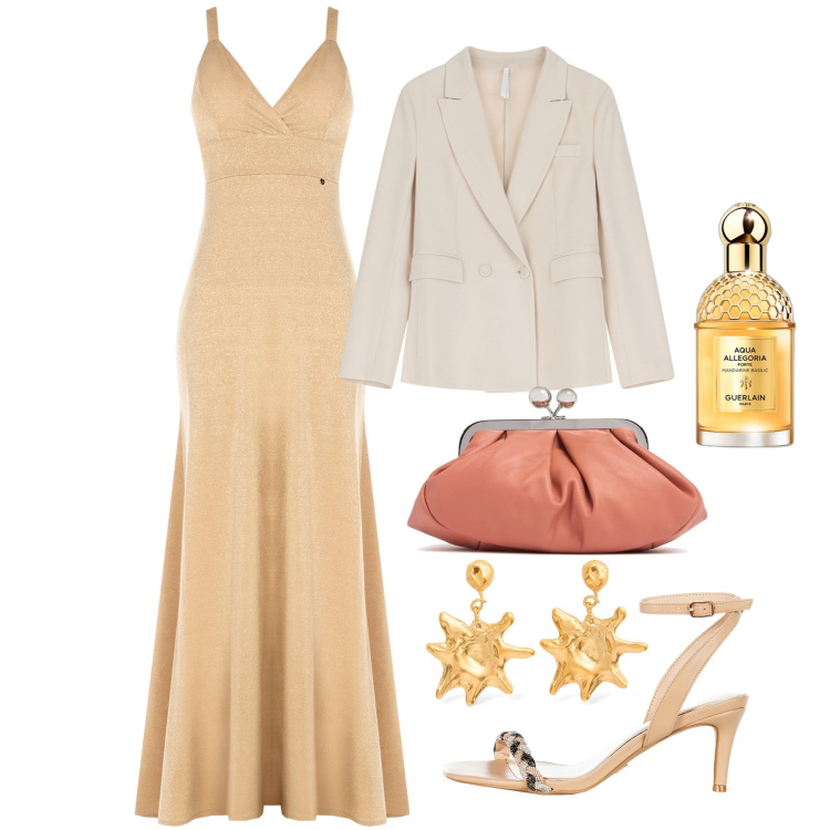 Outfit donna - Damigella in lungo. Stile Glamour per Cerimonia. Abbinamento con profumi, vestiti lunghi, sandali in pelle, blazer, pochette, orecchini.