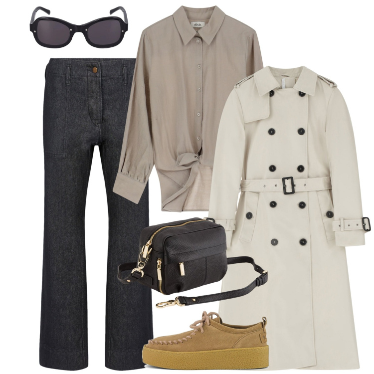 Outfit donna - Trench mezza stagione. Stile Casual per Tutti i giorni. Abbinamento con trench, camicie, pantaloni, mocassini, occhiali da sole, borse a tracolla.