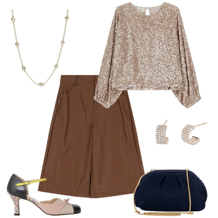 Outfit donna - Serata. Stile Glamour per Serata fuori. Abbinamento con pochette, orecchini, collane, felpe, bermuda, décolleté.