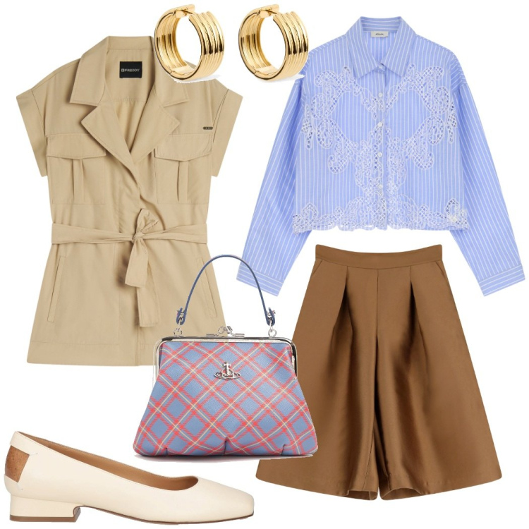 Outfit donna - Urban style. Stile Casual chic per Tutti i giorni. Abbinamento con ballerine, trench, camicie, bermuda, orecchini, borse a mano.