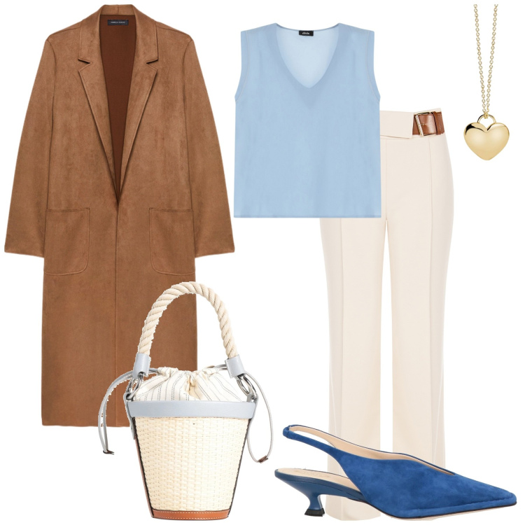 Outfit donna - Una passeggiata in centro. Stile Casual chic per Tutti i giorni. Abbinamento con décolleté, borse a secchiello, pantaloni, collane, top, trench.