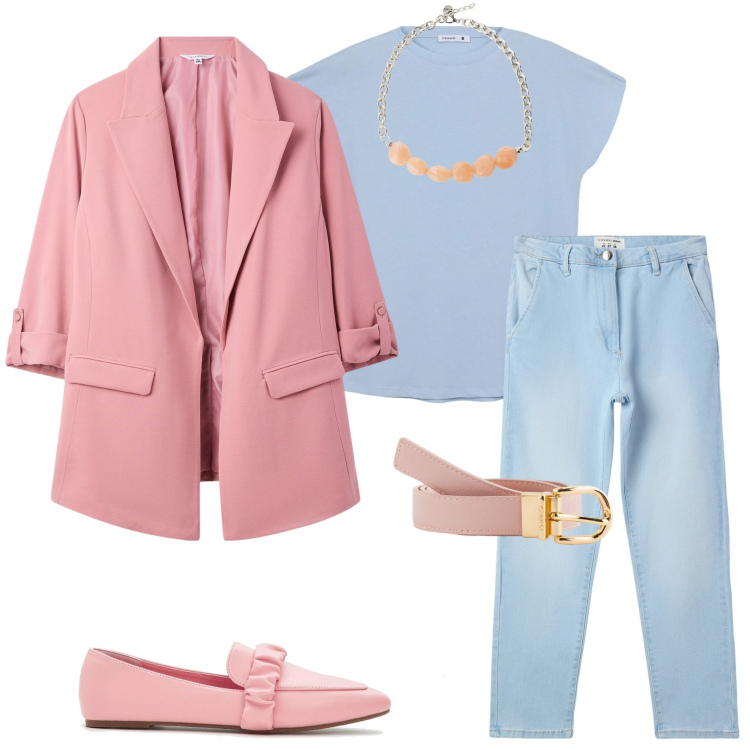 Outfit donna - colori pastello. Stile Casual chic per Serata fuori. Abbinamento con mocassini, t-shirt, jeans skinny, blazer, collane, cinture.