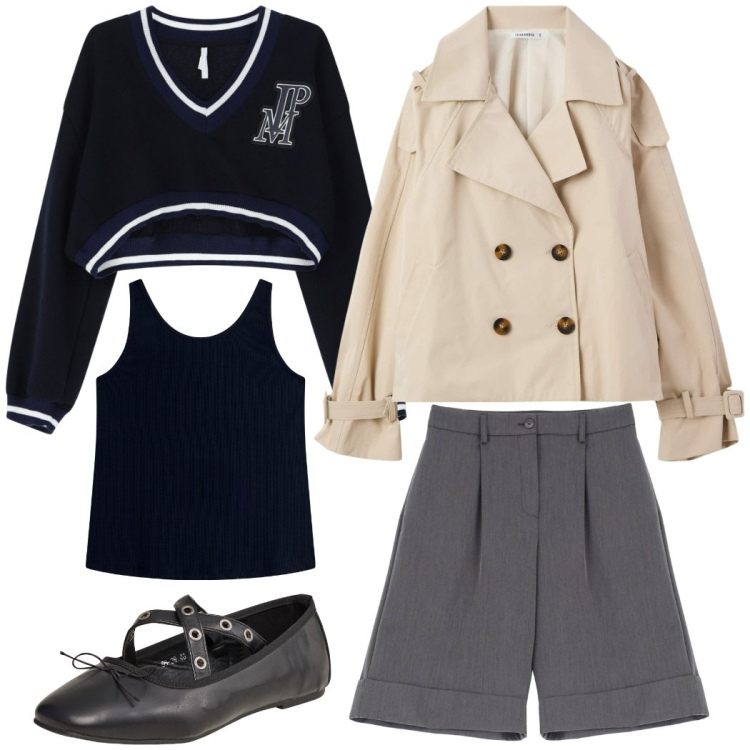 Outfit donna - Total look #2094545. Stile Casual chic per Tutti i giorni. Abbinamento con ballerine, trench, bermuda, pullovers, canottiere.