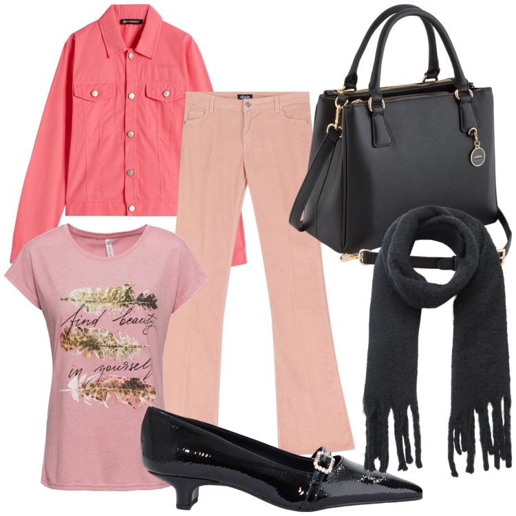 Outfit donna - Jeans colorati in ufficio. Stile Trendy per Ufficio. Abbinamento con t-shirt, sciarpe, ballerine, blazer, jeans a zampa, borse a mano.