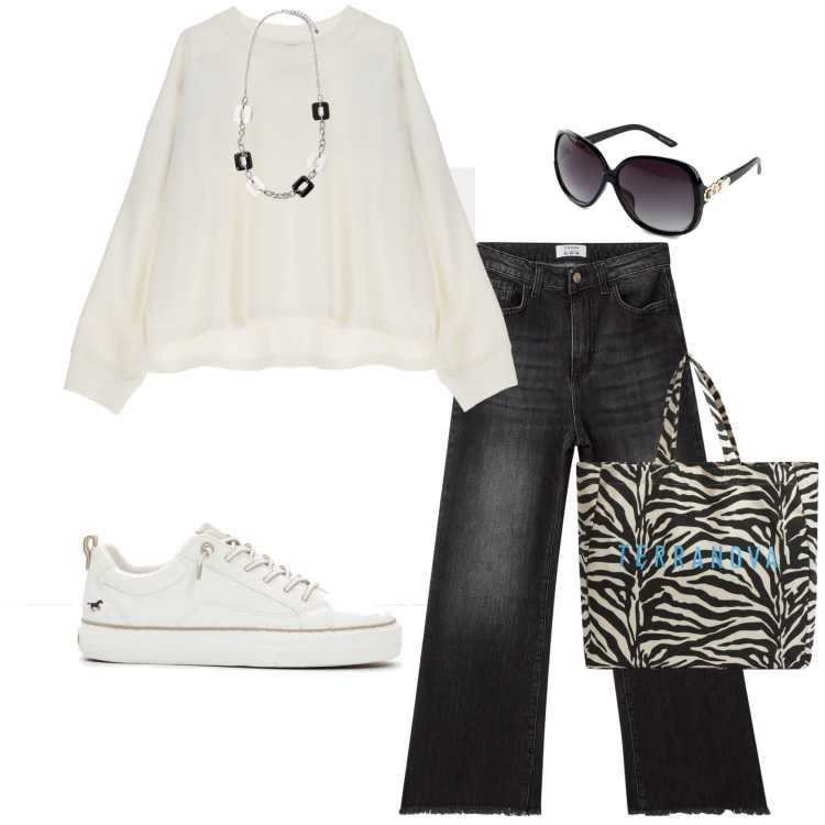Outfit donna - Di corsa a scuola. Stile Casual per Scuola/Università. Abbinamento con occhiali da sole, sneakers, borse tote, jeans, felpe, collane.