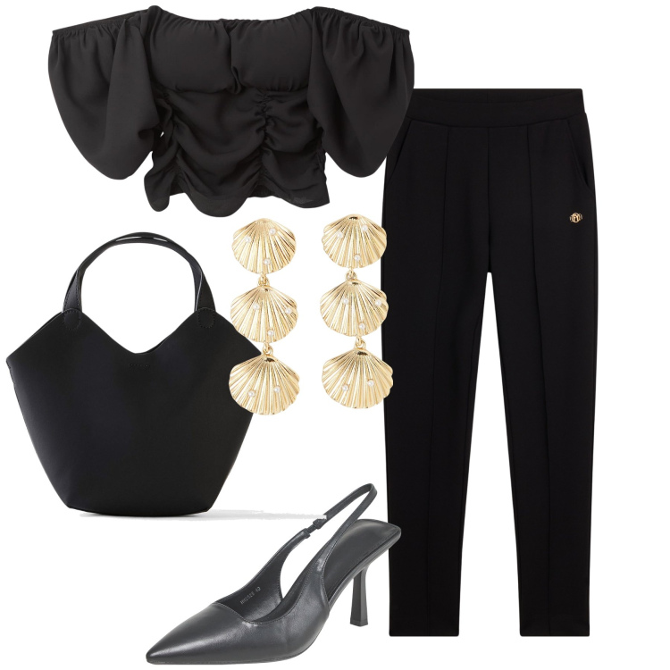 Outfit donna - Serata al mare. Stile Glamour per Serata fuori. Abbinamento con borse a mano, bluse, orecchini, décolleté, pantaloni.