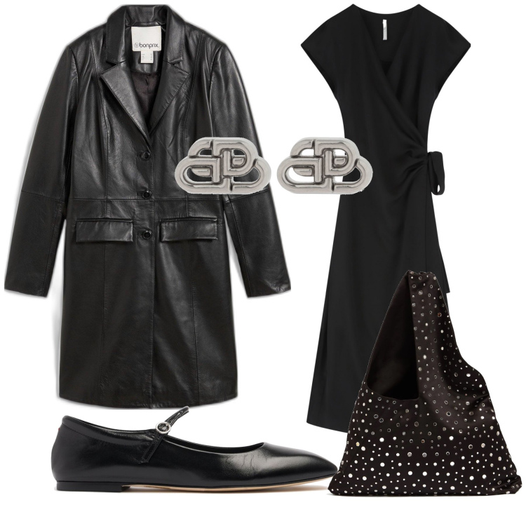 Outfit donna - Giornata in centro. Stile Urban per Tutti i giorni. Abbinamento con cappotti, vestiti midi/longuette, orecchini, borse a spalla, ballerine.