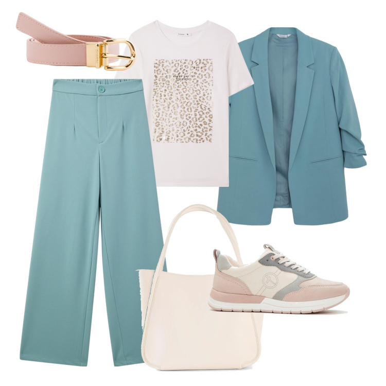Outfit donna - Giornata pastello. Stile Casual chic per Tutti i giorni. Abbinamento con sneakers, shopping bag, t-shirt, pantaloni, blazer, cinture.