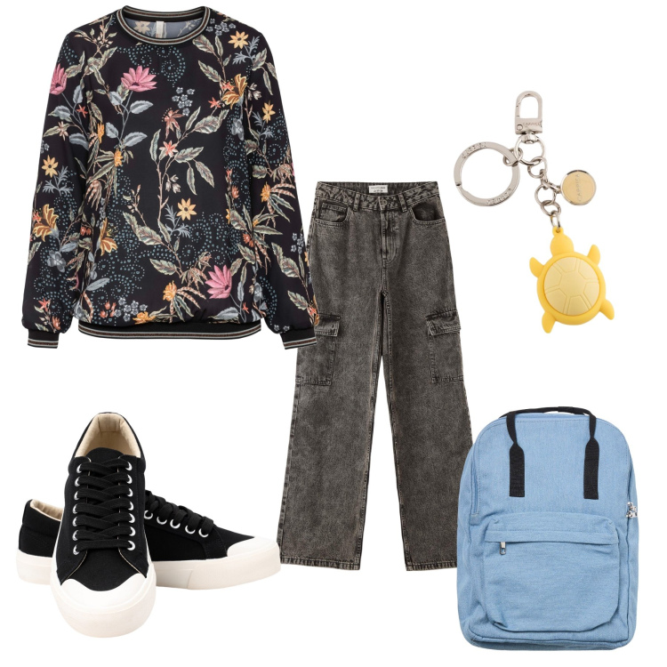 Outfit donna - Primavera a scuola. Stile Romantica per Scuola/Università. Abbinamento con bluse, jeans, zaini, sneakers, portachiavi.