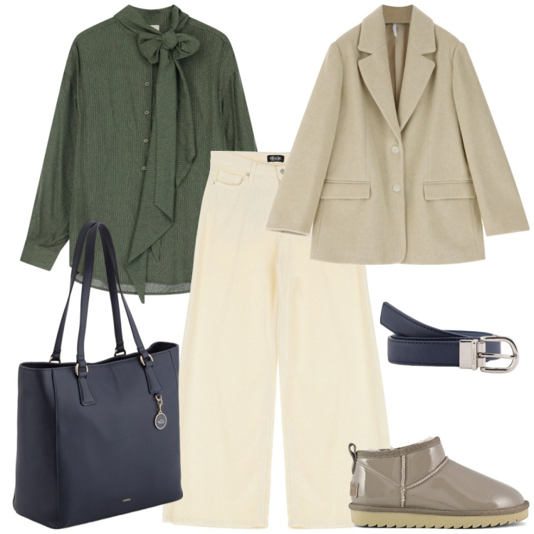 Outfit donna - Ufficio comoda. Stile Mannish per Ufficio. Abbinamento con cappotti, jeans, camicie, stivali, cinture, shopping bag.