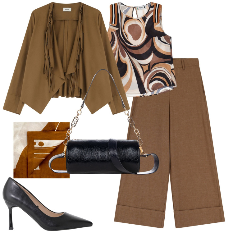 Outfit donna - City. Stile Trendy per Tutti i giorni. Abbinamento con sciarpe, borse a mano, top, décolleté, pantaloni a palazzo, blazer.