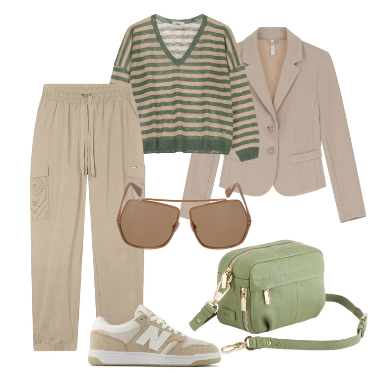 Outfit donna - Pantaloni cargo e blazer. Stile Urban per Tutti i giorni. Abbinamento con sneakers, blazer, pantaloni cargo, maglieria, borse a tracolla, occhiali da sole.